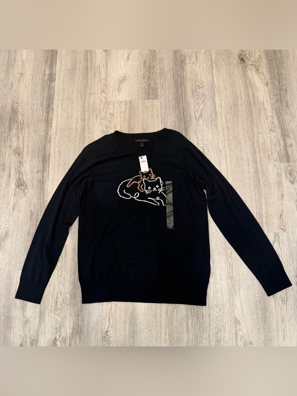 NWT Banana Republic Navy Blue Cat Graphic Sweater Size Large 100% Cotton